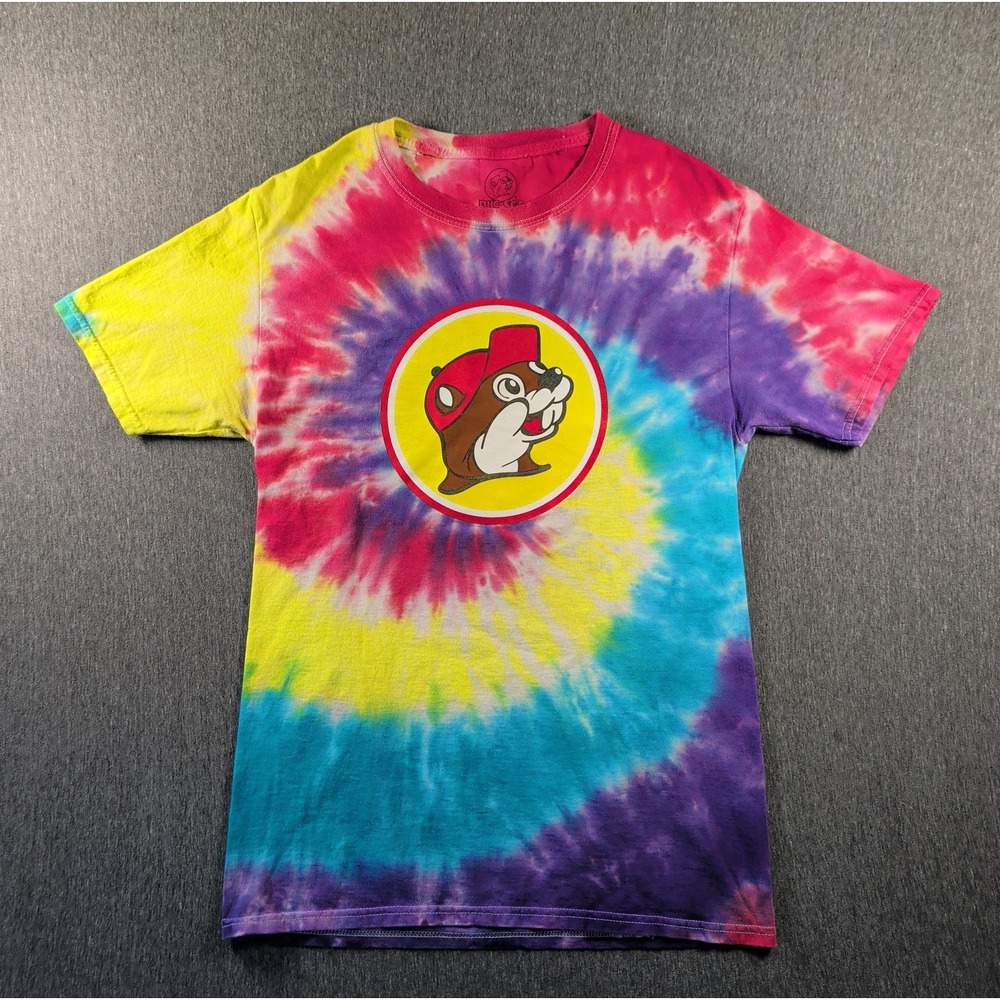 Bucees T Shirt Tie Dye Sz S Peace Love Graphic Spiral Rainbow Beaver Logo EUC